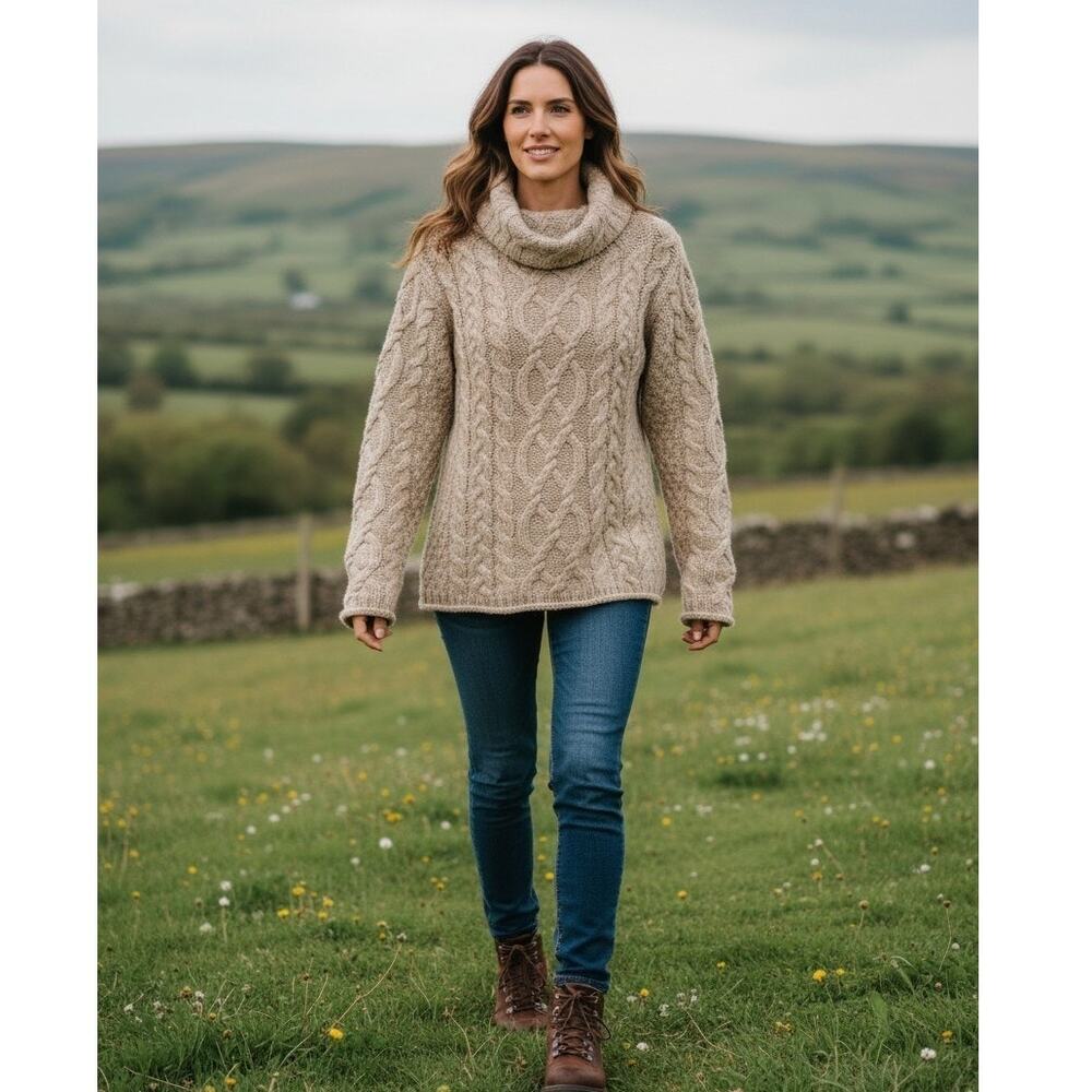 Vintage Wool Aran Crafts Ireland Cream Fisherman Turtleneck Cable Knit Sweater